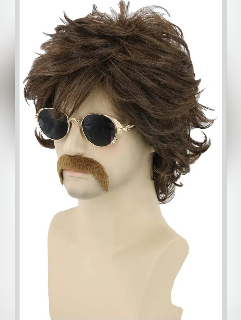 70s Men's Wig Set Rockstar Hippie Wig for Men Shaggy Brown Wig w/ Fake Mustache